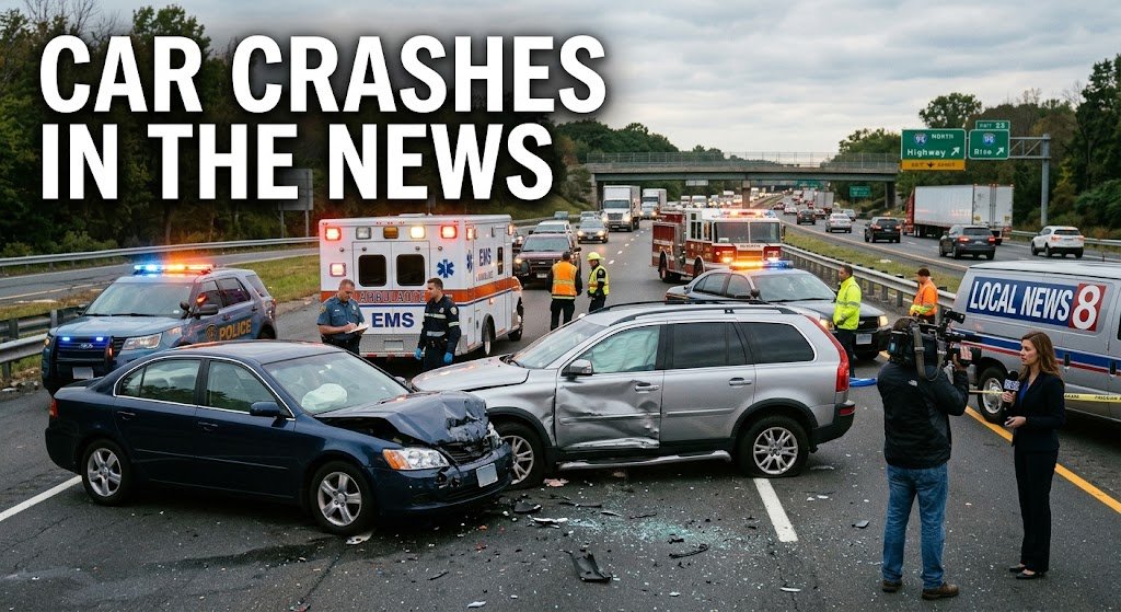 Car crashes in the news with emergency vehicles and accident reporting