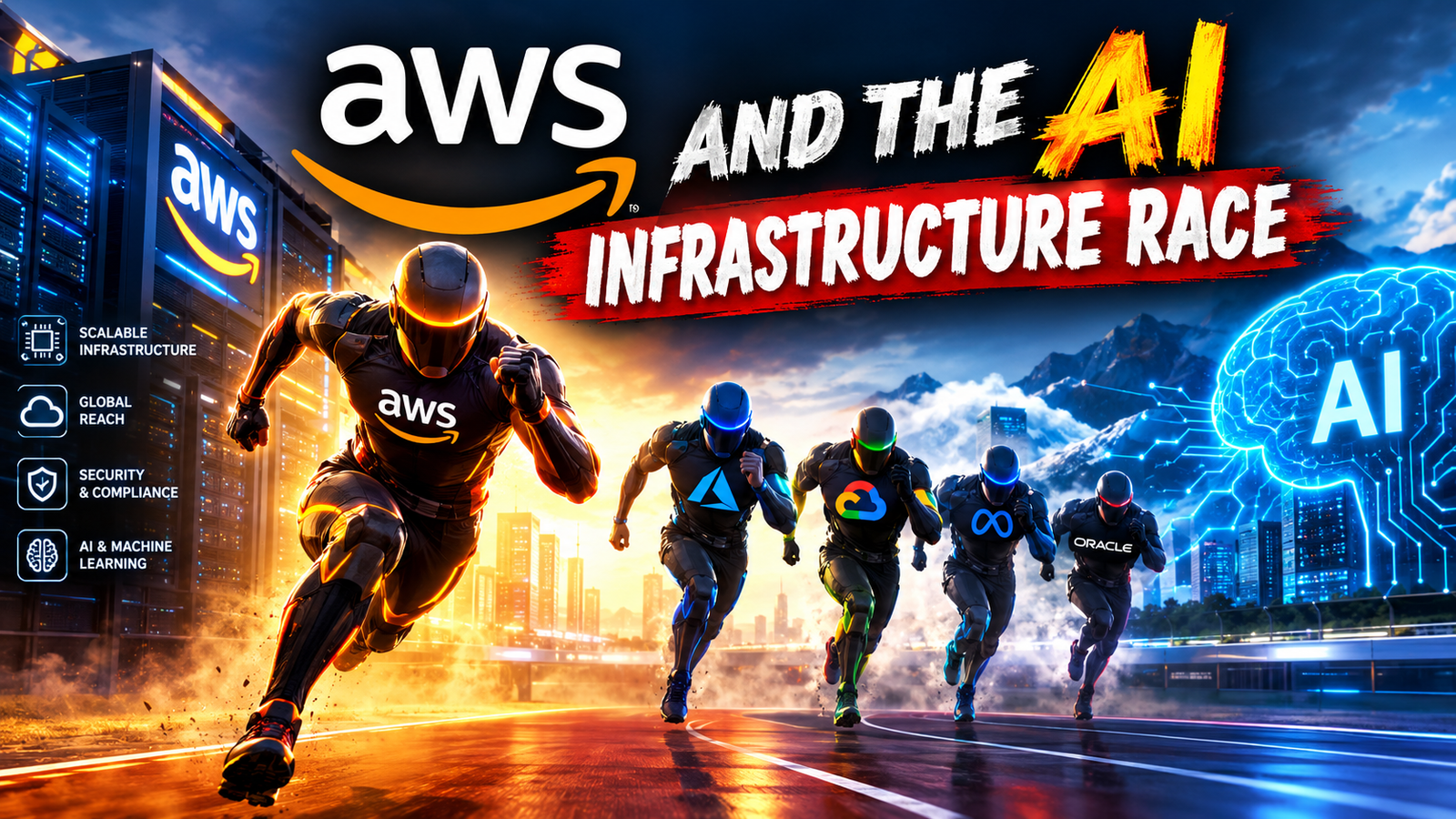 AWS leading the AI infrastructure race against major cloud competitors, with data centers, AI technology, and futuristic digital infrastructure.