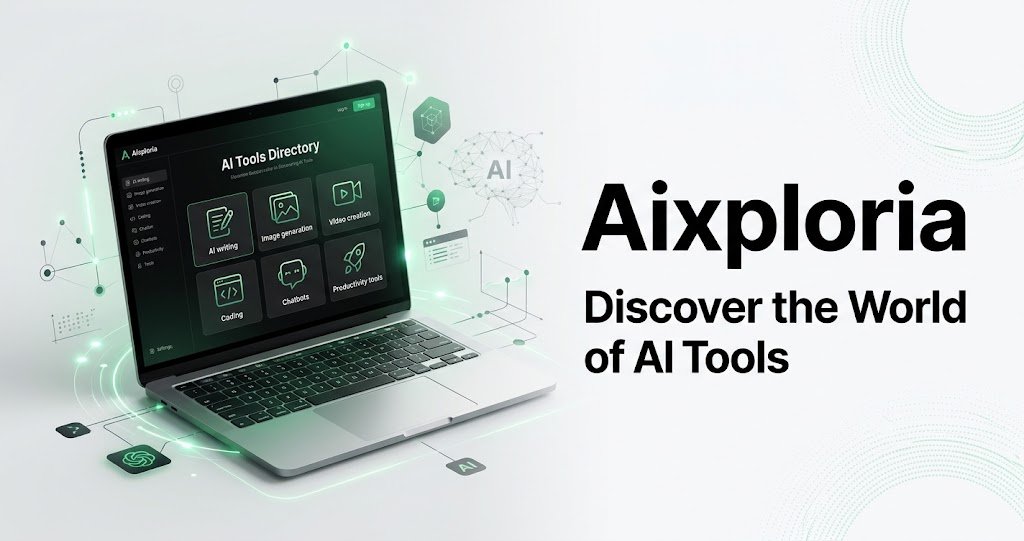 Aixploria AI tools directory featuring writing, image generation, video, coding, and productivity tools.