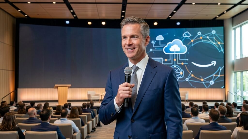 Matt Garman, CEO of Amazon Web Services, holding a microphone on stage during a keynote presentation in front of a modern conference audience.