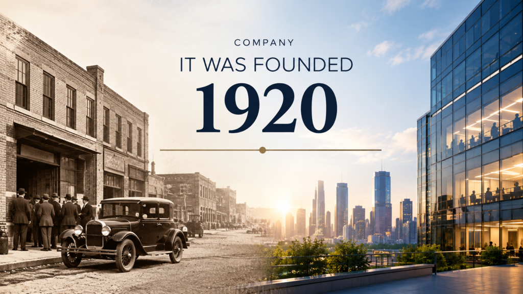 Companies it was founded in 1920, showing a vintage 1920s city scene transitioning into a modern corporate office and skyline.