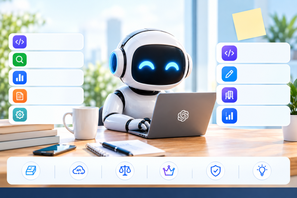 Friendly white AI GPT-5.5 Models robot working on a laptop at a bright modern desk, surrounded by colorful technology icons.