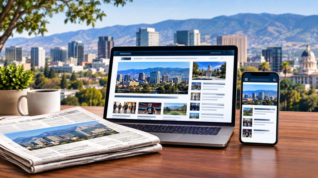 Newspaper, laptop, and smartphone displaying local news content against the San Jose skyline and surrounding mountains.