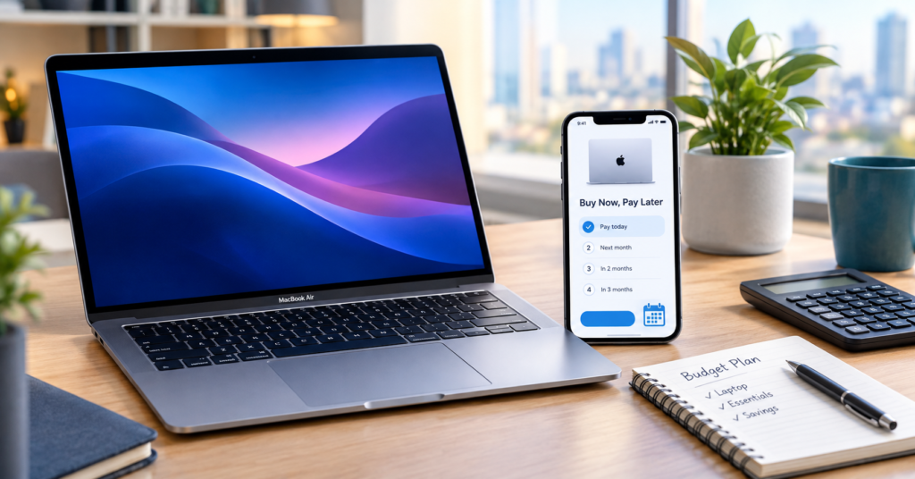 MacBook BNPL Air beside a smartphone displaying a Buy Now, Pay Later installment plan on a modern desk.