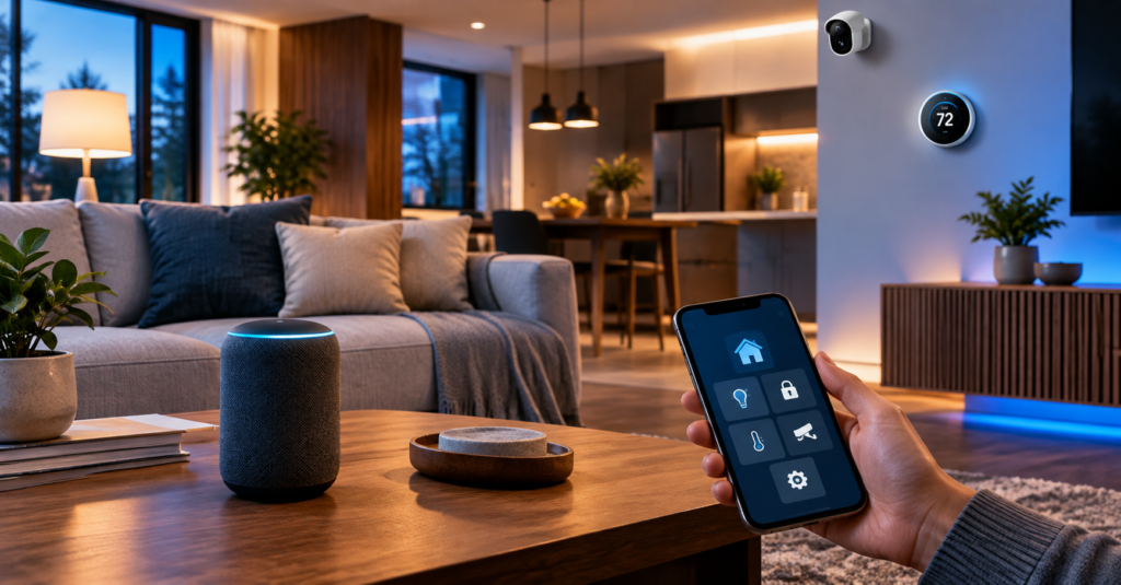 Smart devices in a modern home featuring connected lighting, a smart speaker and home automation technology.