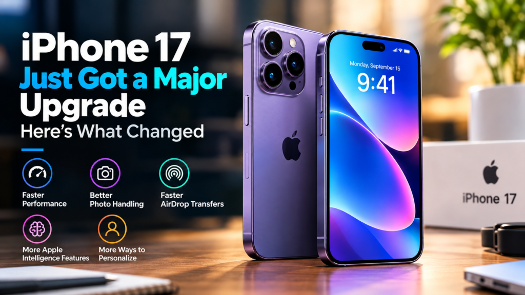 Purple iPhone 17 smartphone displayed alongside its retail box with a vibrant screen and highlights of new software features.
